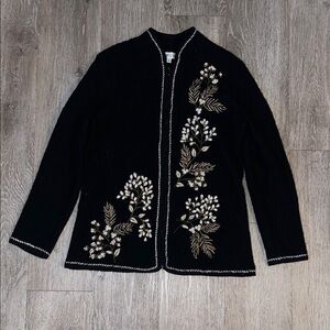 Coldwater Creek Black Cardigan with Floral Embroidery and beads zip up sweater